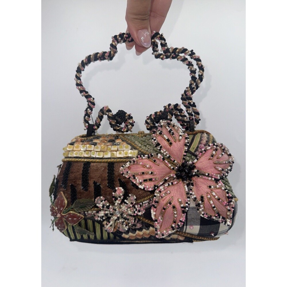 Mary Frances beaded floral purse with pink flower appliqués on plaid background